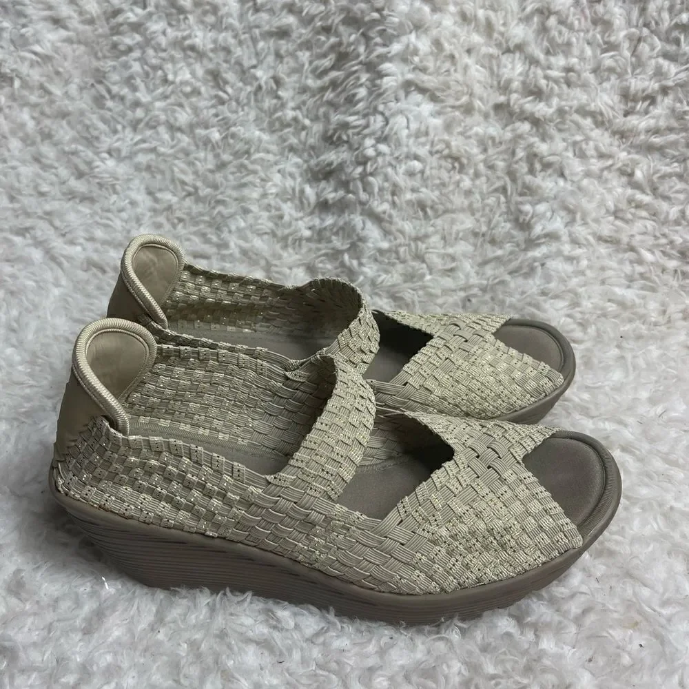 Skechers Parallel Beige /Gold Weave Wedge Peep Toe Sandals Shoes SZ9.5